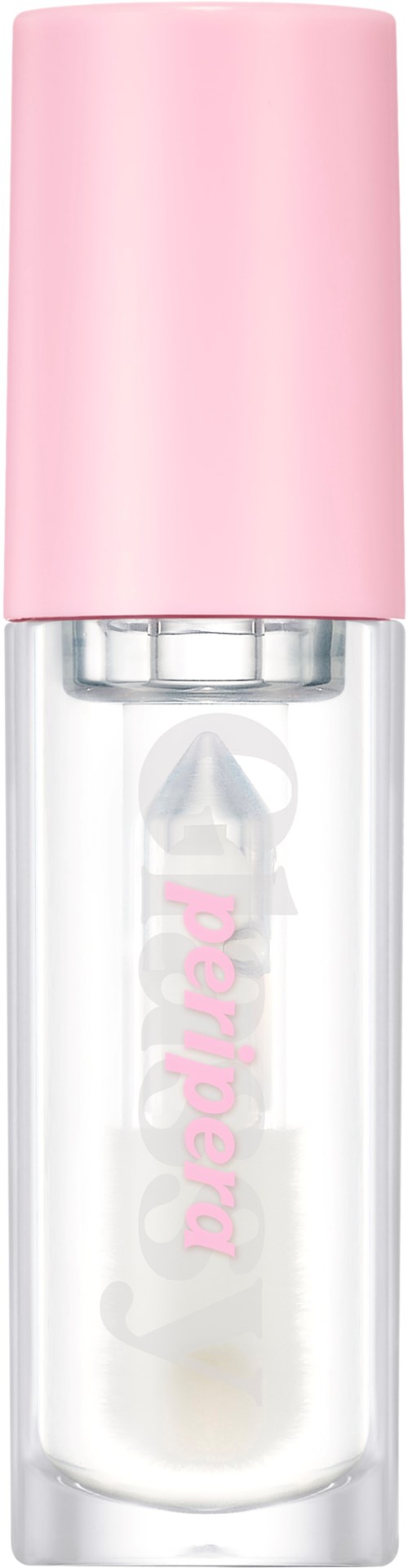 Een doorzichtige lipglossflacon met een roze dop en 'Barbie'-tekst in roze, met een lippenstiftvormig ontwerp.
