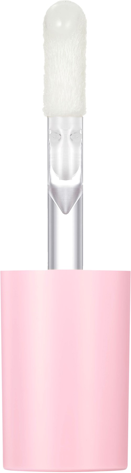 Een doorzichtige lipglossapplicator met een witte pluizige punt en roze basis.