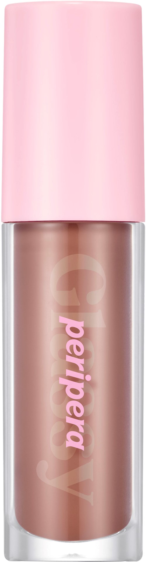 Een klein flesje met een roze dop en beige vloeistof, gemerkt met roze tekst 'peripera' op de container.