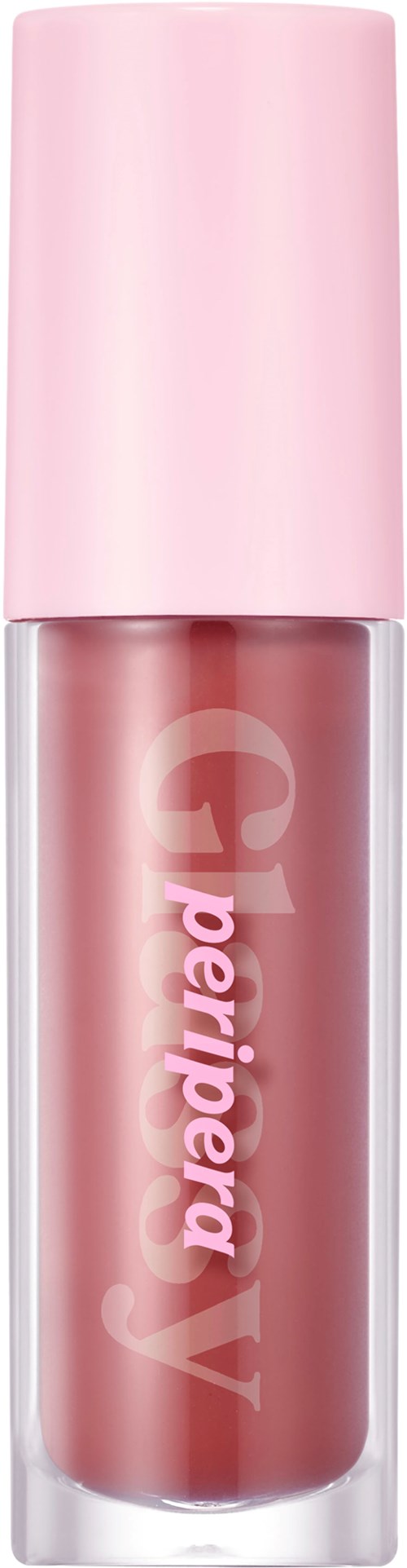 Pink lipstick tube with brand name and logo. The cap is light pink, and the tube is darker pink.
