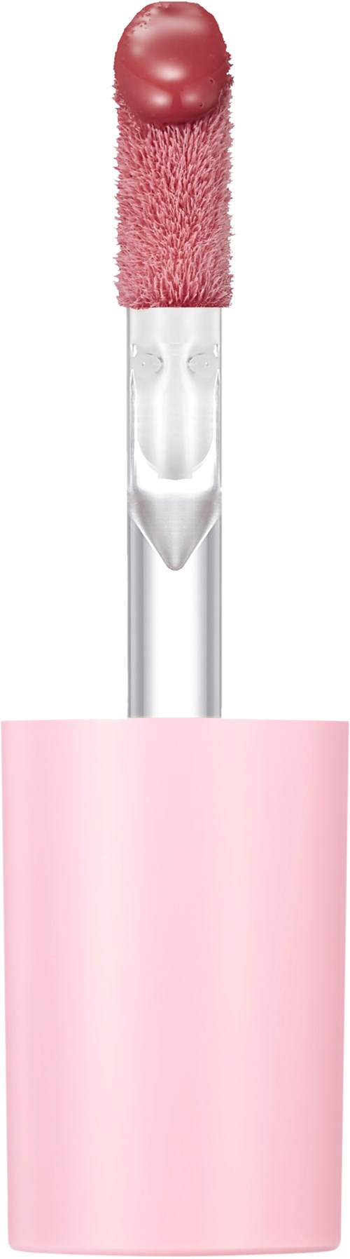 A lip gloss applicator with pink product on a wand in a pink case.