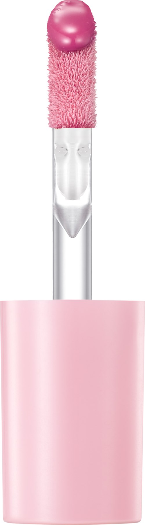 Een roze lipglossapplicator met sponskop en doorzichtige handgreep, onderdeel van een cosmeticafles.