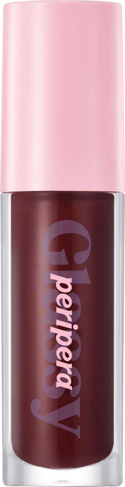 A lip gloss with a pink cap and dark maroon color in the tube.