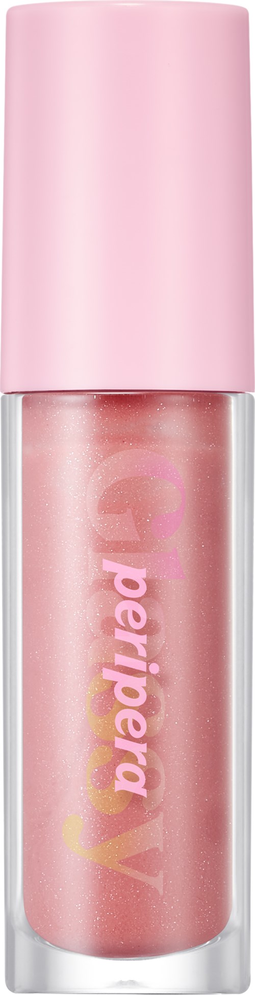 Pink lip gloss container with a light pink cap and the word 'peripera' written on it.