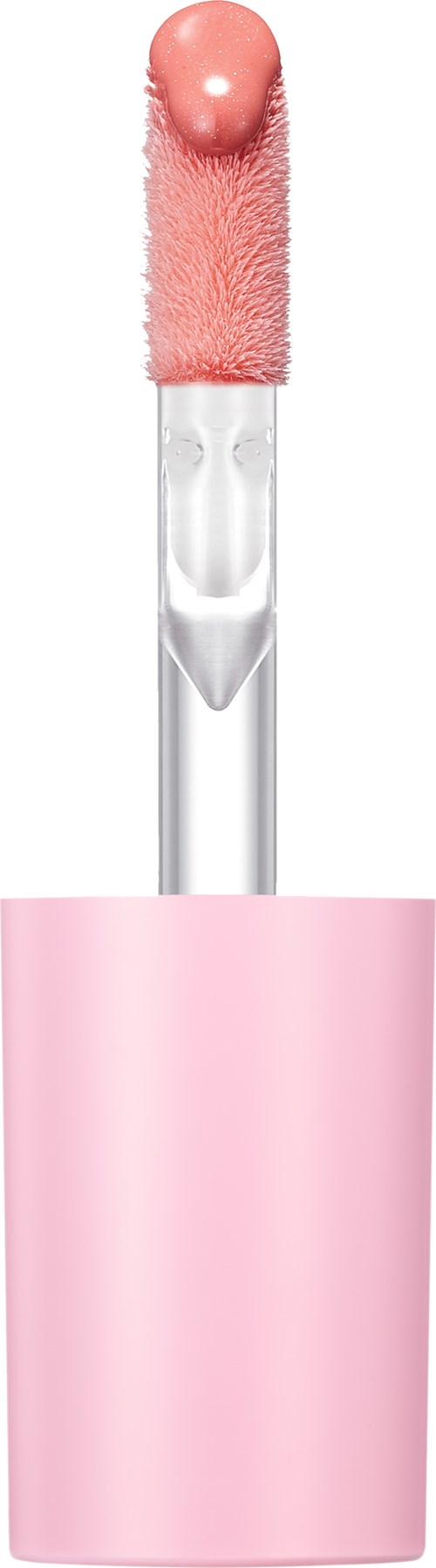 A lip gloss with a pink applicator wand and a pink cap.