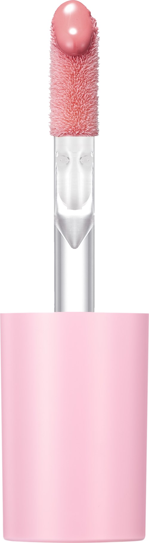 A pink lip gloss with doe-foot applicator and a shiny, rounded top.