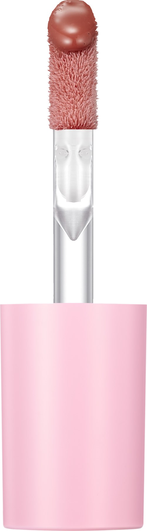 A pink makeup applicator with a rounded tip and a clear handle.