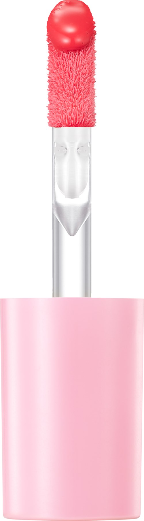 A lip gloss applicator with pink sponge and a clear handle, partially covered by a pink cap.