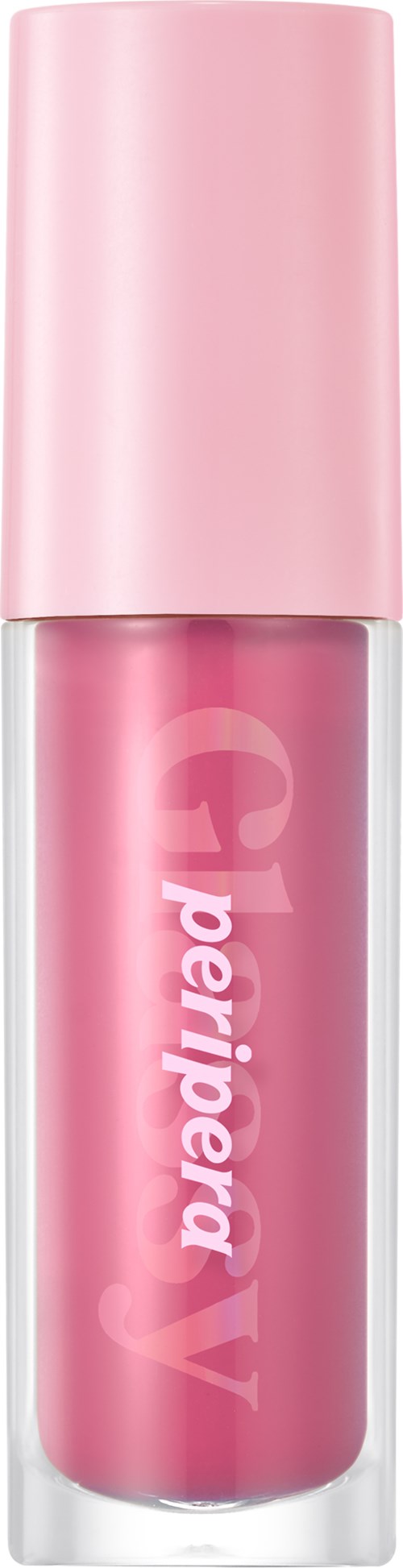 A pink lipstick tube with a light pink cap and logo on the side.