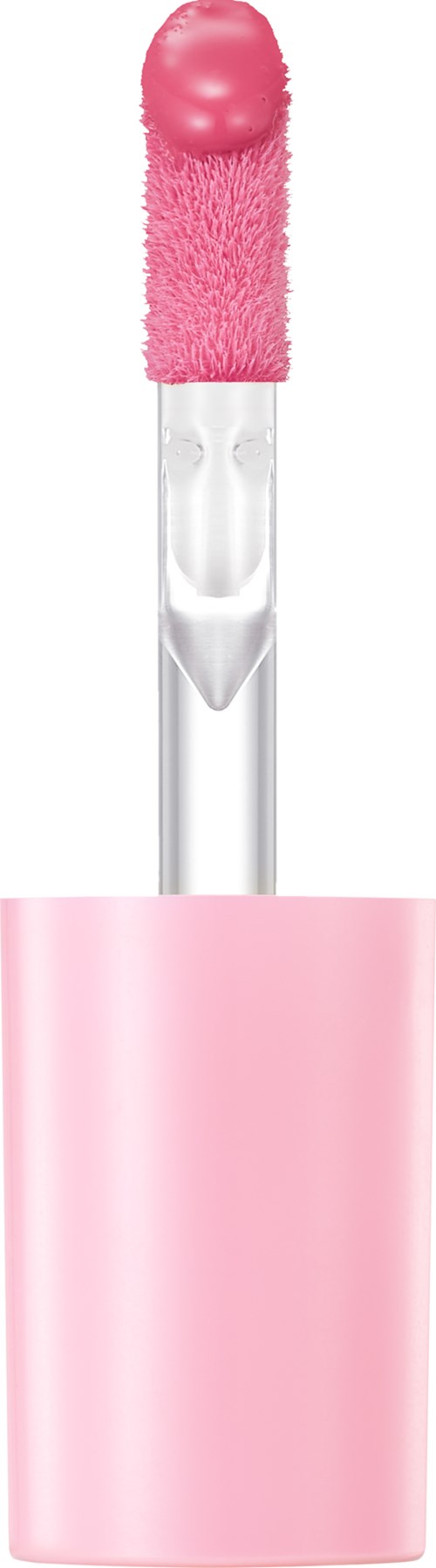 A pink lipstick applicator with a soft, rounded tip and a clear handle in a pink holder.