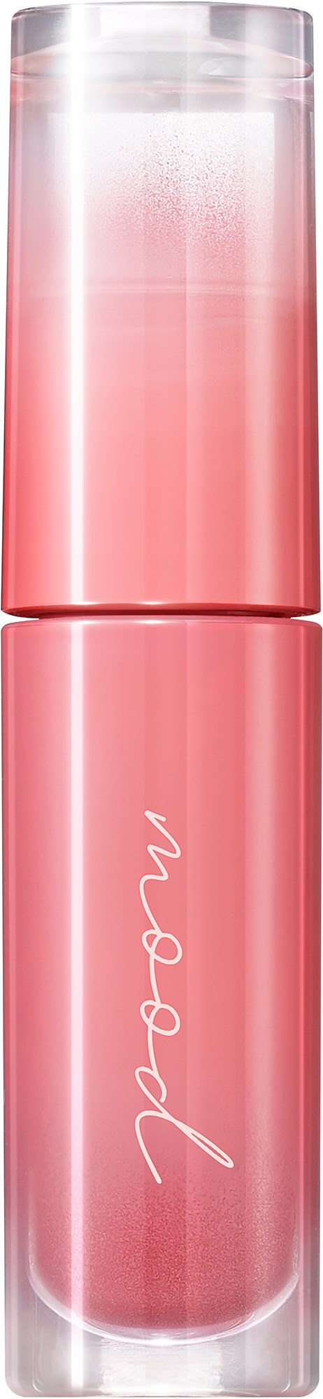 Ein rosa Lipgloss-Röhrchen mit klarem Deckel und glänzender Oberfläche, beschriftet "nude."