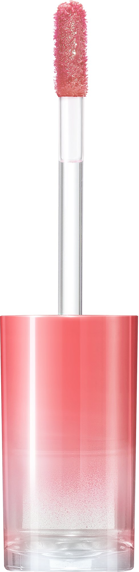 Lippenöl mit pinkem, flauschigem Applikator und transparentem Behälter.