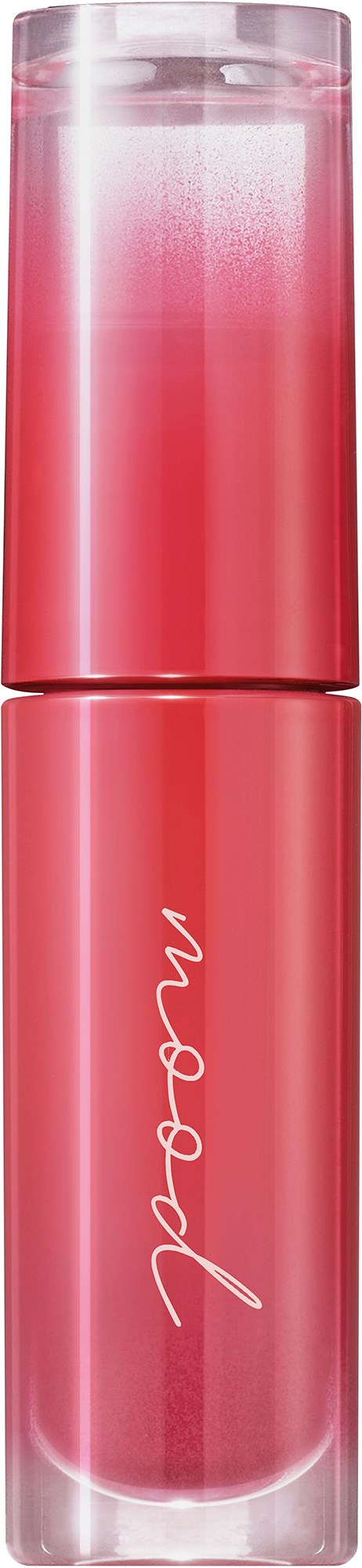 Een roze lipgloss-tube met doorzichtige dop, die de glanzende vloeistof binnenin toont.