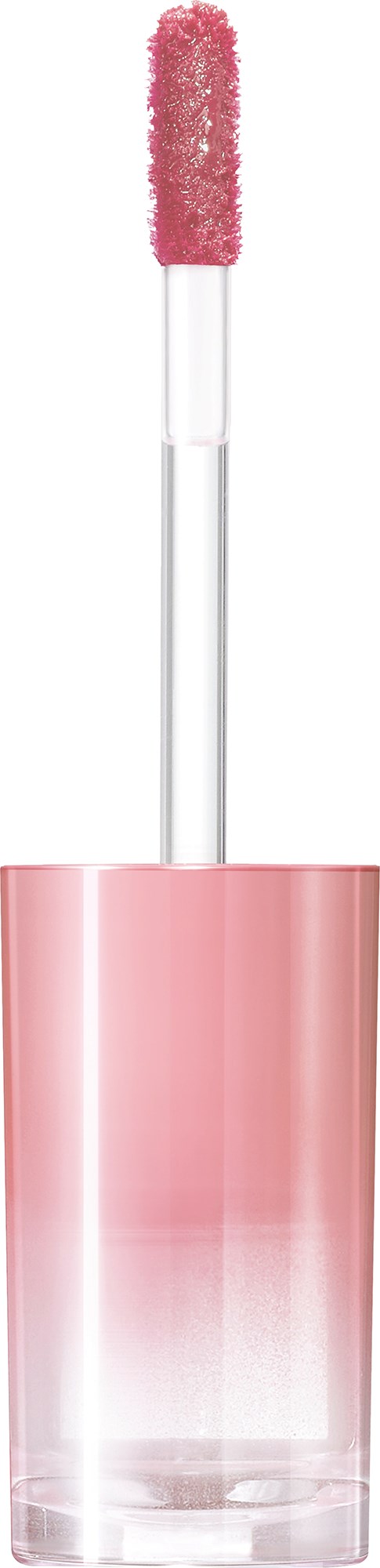Rosa Lipgloss-Applikator mit einem flauschigen Schwammpuff in einem transparenten Behälter.