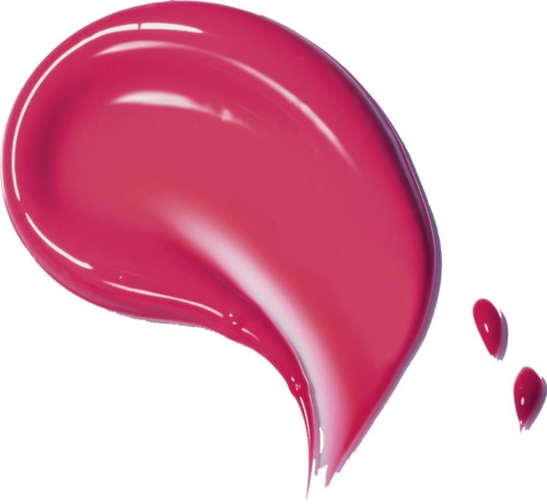 Ein Klecks rosa Farbe mit zwei kleinen Tropfen außen, sieht glänzend und glatt aus.
