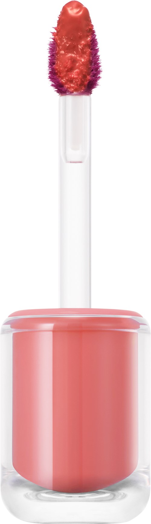 Een roze lipglossverpakking met een kwastapplicator en pluizige roze en paarse punt.