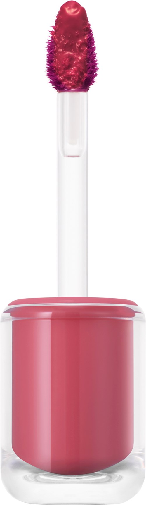 Ein rosa flüssiger Lippenstift mit Applikatorbürste auf weißem Hintergrund.