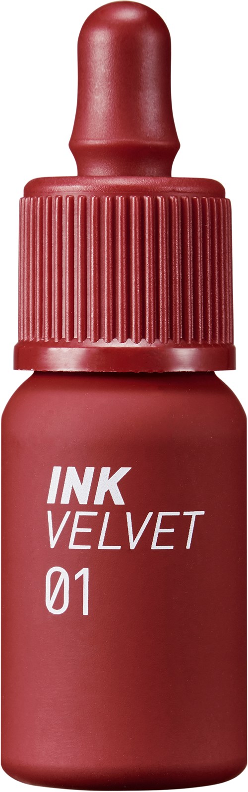Een klein rood flesje met druppelcap, gemerkt 'INK VELVET 01' voor inkt of verf.