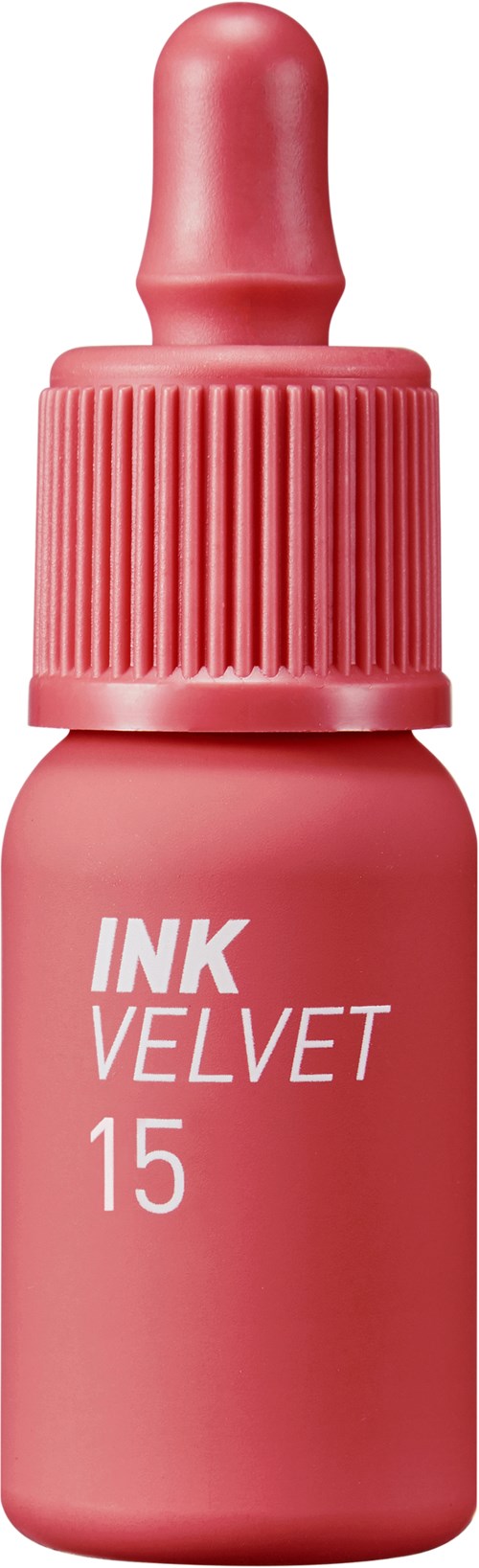 Roze inktfles met pipetdop, gemarkeerd "INK VELVET 15".