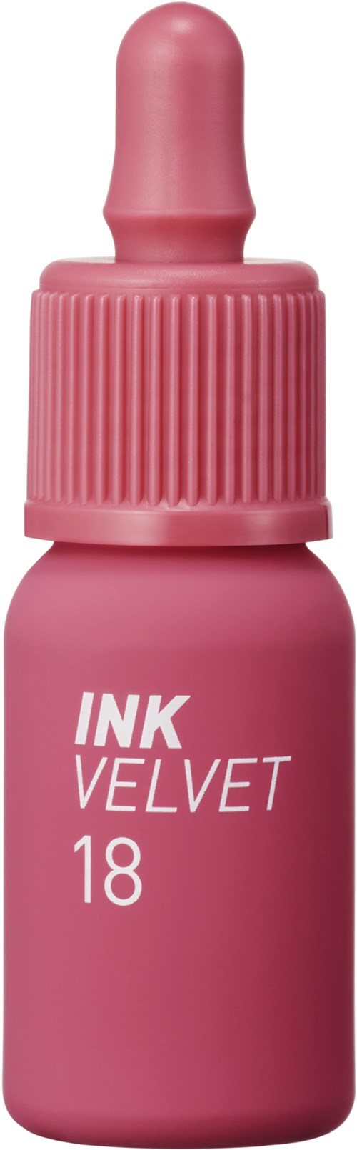 Roze inktfles met druppelkapje, gemarkeerd 'INK VELVET 18'.