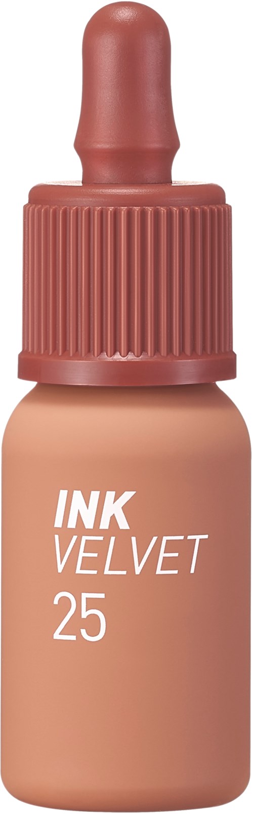 Een kleine fles make-upinkt met pipetdop, gemerkt "INK VELVET 25" in witte letters.