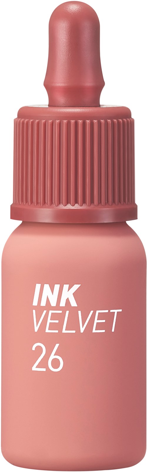 Een klein roze flesje met pipetdop, gemarkeerd 'INK VELVET 26'. Het lijkt op inkt of verf.