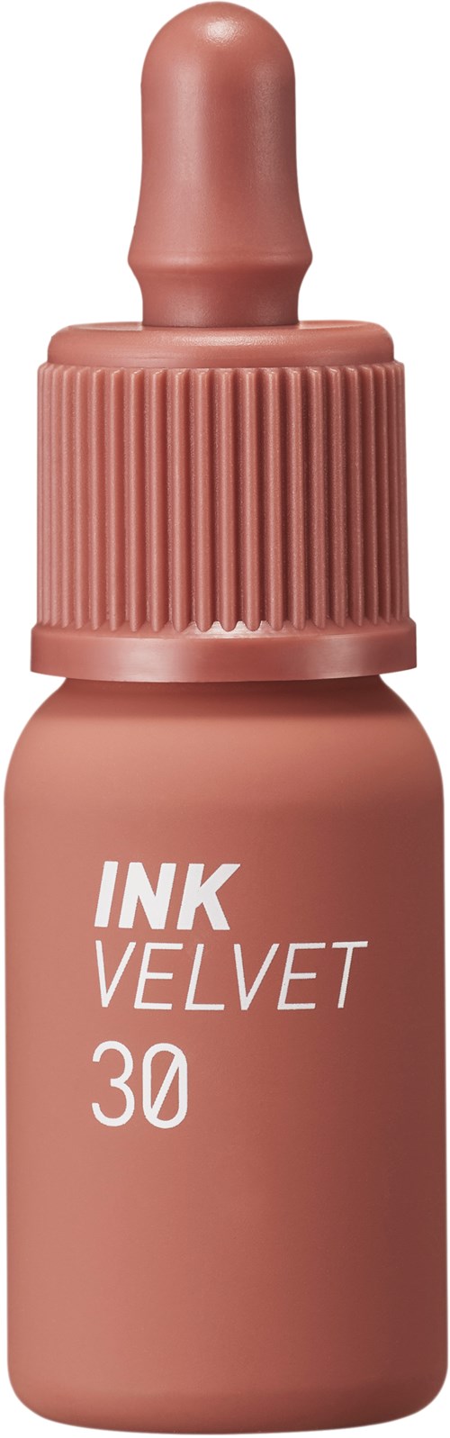 A small bottle of pink ink with a dropper cap and label says 'INK VELVET 30'.