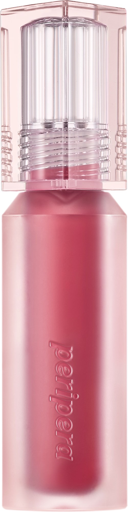 Een roze lippenstiftfles met doorzichtige dop en ronde, bevroren afwerking.