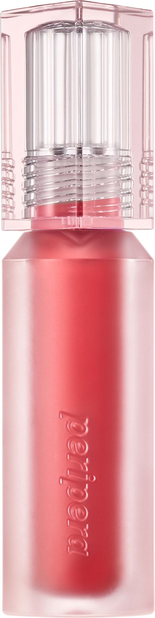 Klein roze flesje met doorzichtige dop, waarschijnlijk voor cosmetica of lipgloss.