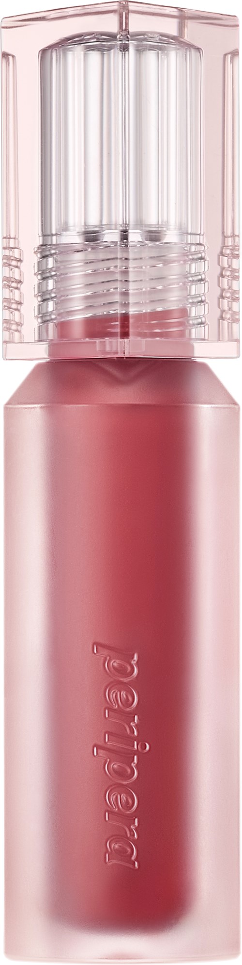 Ein pinke Lippenstift mit transparentem, strukturiertem Deckel, trägt man vertikal gegen schwarzen Hintergrund.