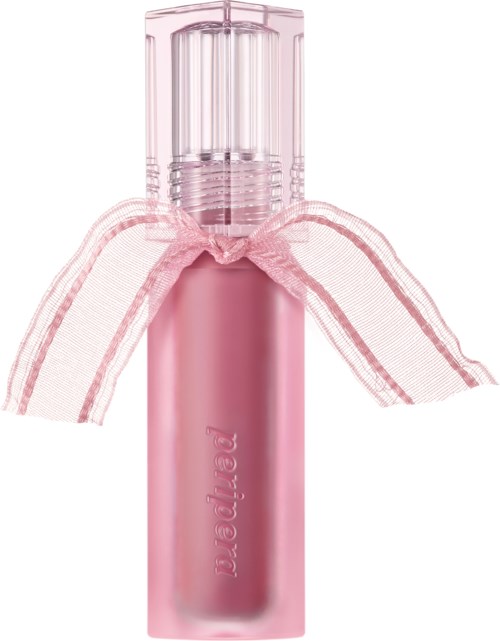 Een roze fles met een doorzichtige dop en een roze lint eromheen. Het ziet er decoratief en elegant uit.