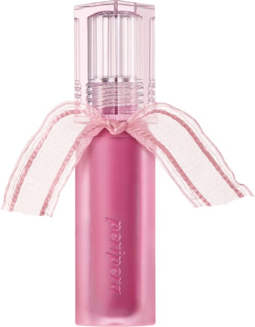 Eine rosa Sprühflasche mit transparentem Deckel und einer Schleife um den Hals.