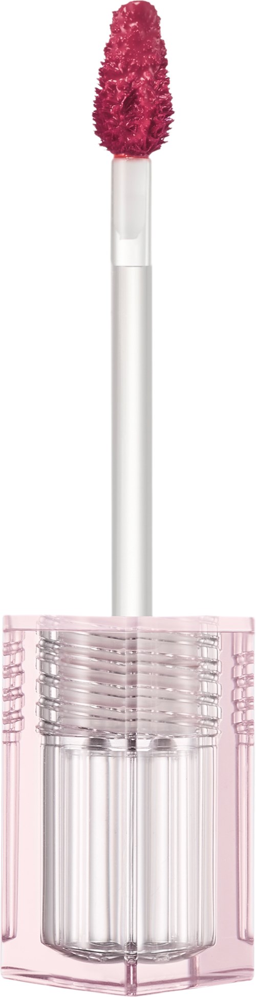 Ein Lipgloss-Applikator mit pinker, flauschiger Spitze und einem transparenten Griff in einem pinken Behälter.