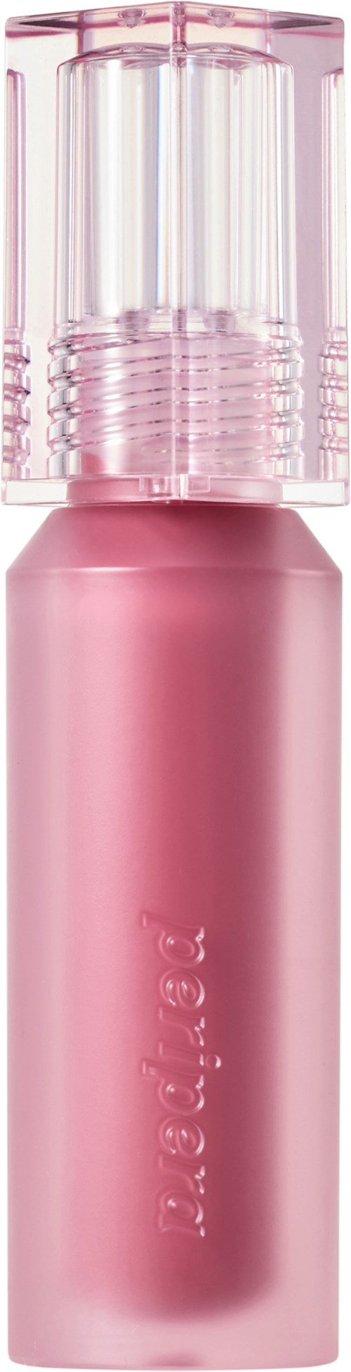 Ein pinkfarbener Lippenstift mit durchsichtigem Deckel und eingeprägtem Markennamen. Schlichtes und elegantes Design.
