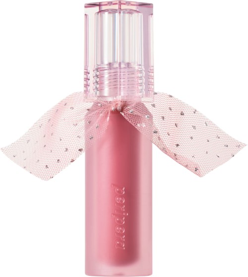 Eine rosa Parfümflasche mit transparentem Deckel, verziert mit einem gepunkteten Band um den Hals.