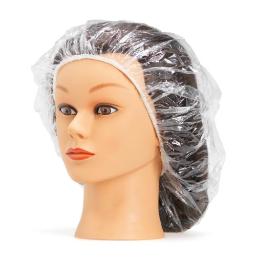 Mannequin huvud med svart hår, klar plast hårmössa för hårstyling eller färgning.