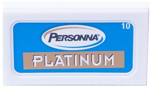 A box labeled 'Personna Platinum' with a blue and white design, indicating razors or blades inside.