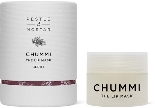 Een witte pot en container tonen Lip Mask producten van Chummi, met 'Berry' label en eenvoudige zwarte tekst.