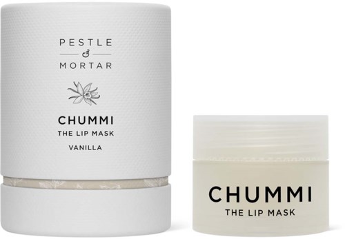 Twee containers van Chummi lip masks, één groot en wit, de andere klein en beige, met vanillesmaak.