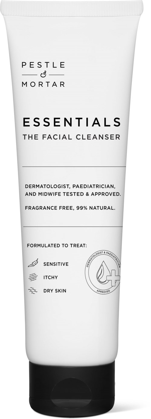 Witte tube van Pestle & Mortar Essentials gezichtsreiniging voor gevoelige, jeukende, droge huid, parfumvrij, 99% natuurlijk.