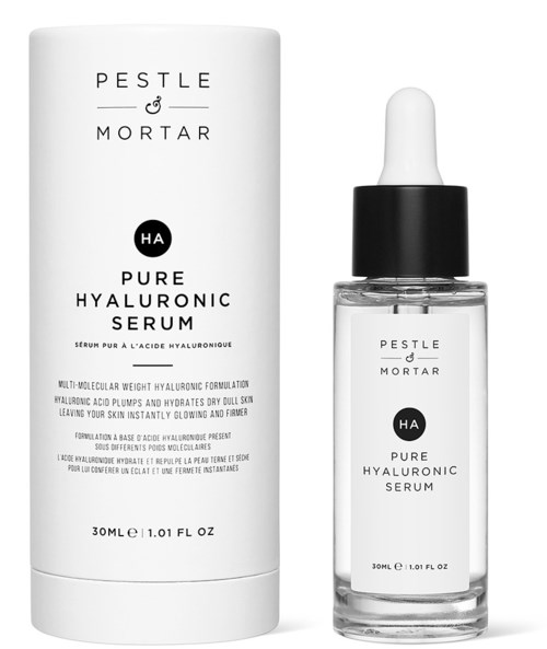 A bottle of Pestle Mortar Pure Hyaluronic Serum and its packaging box. The bottle has a dropper cap.