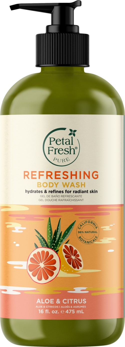 A green bottle with a pump holds Petal Fresh Refreshing Body Wash. It features aloe and citrus with illustrations of citrus and aloe.