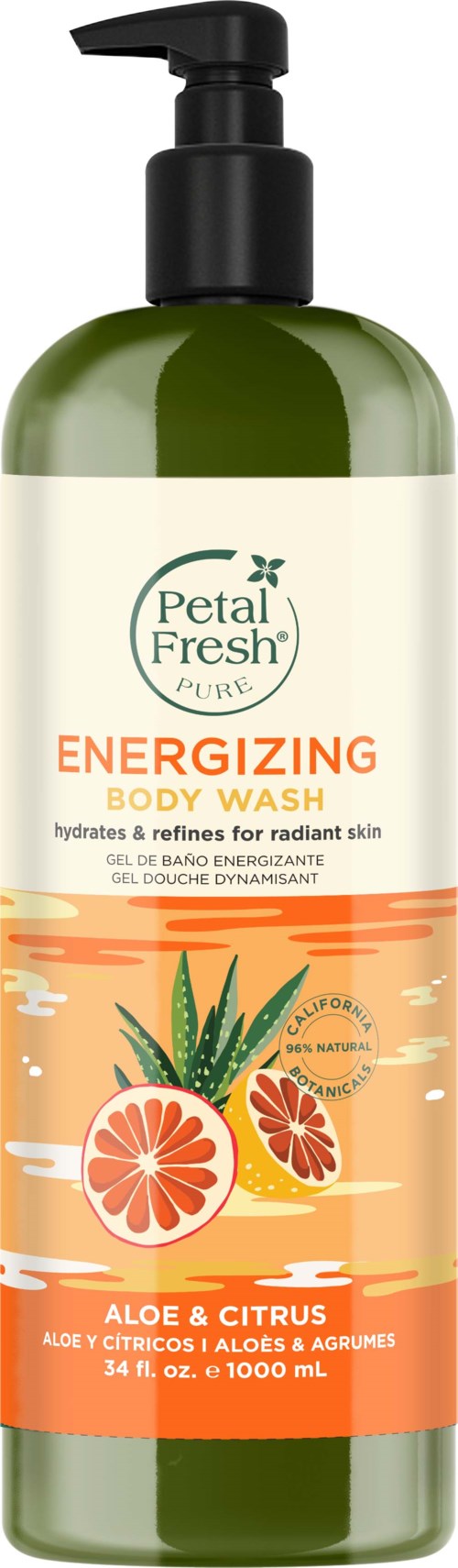 A green bottle with a pump, labeled Petal Fresh energizing body wash, with images of aloe, citrus, and grapefruit.