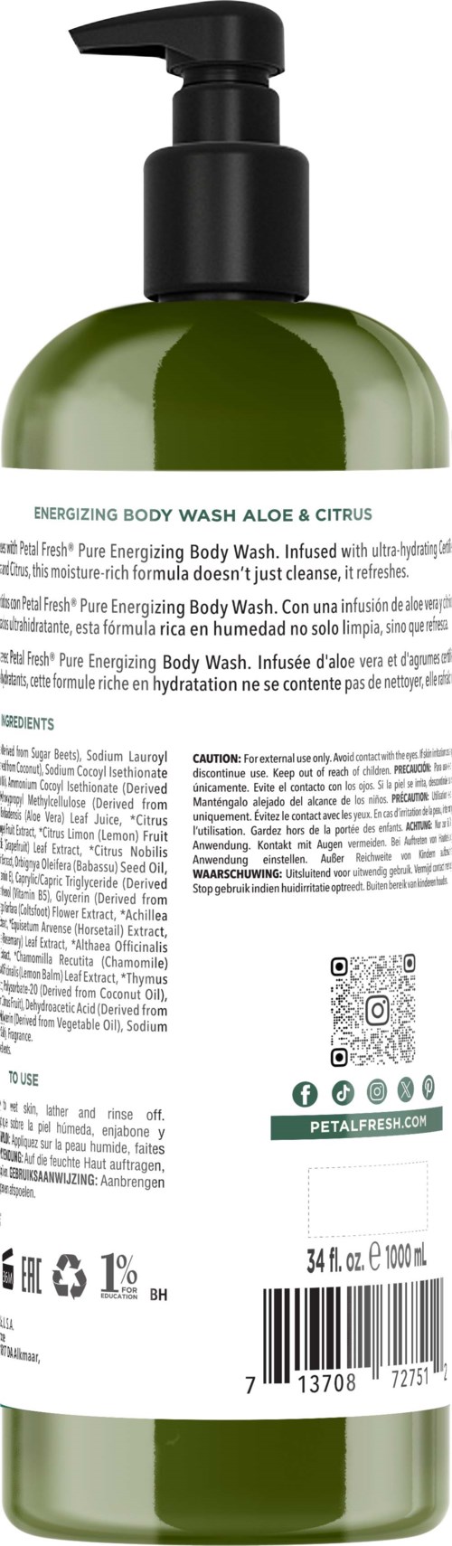 Green bottle with a black pump, label has text and images, likely a body wash product.