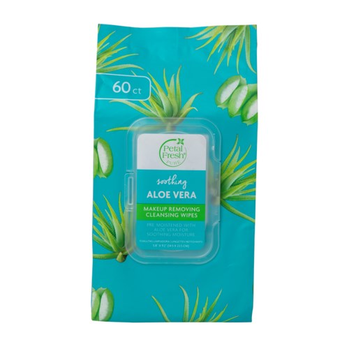 A box of 60 aloe vera makeup removing cleansing wipes with soothing ingredients. Designed for gentle skin cleansing.