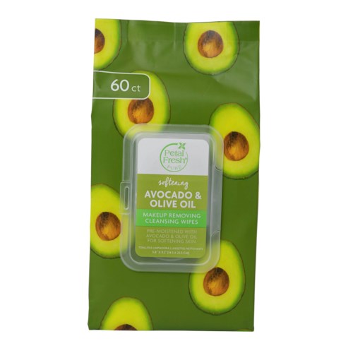 Een groene verpakking bevat 60 make-up verwijderingsdoekjes met avocado en olijfolie.