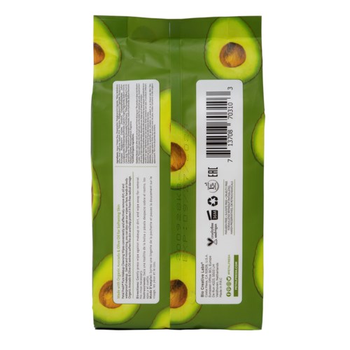 Een groene verpakking met afbeeldingen van gesneden avocado's en een streepjescode aan de achterkant. Het bevat tekst en symbolen.
