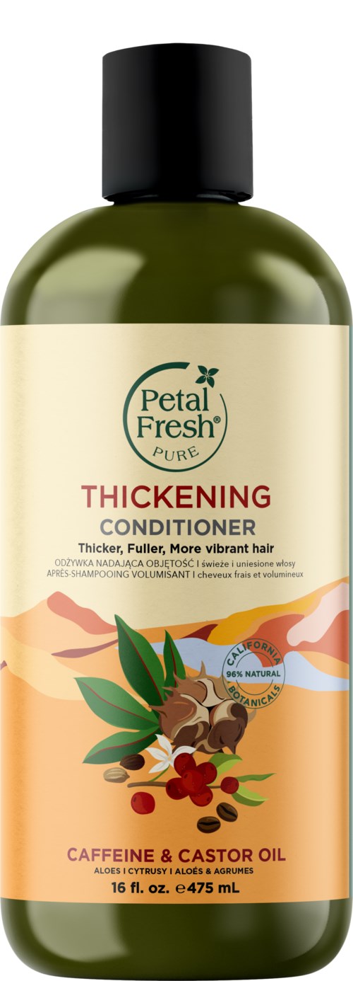 A bottle of Petal Fresh Thickening Conditioner with natural ingredients like caffeine and castor oil.