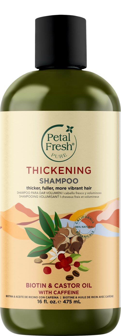 A green bottle of Petal Fresh Thickening Shampoo with coconut, biotin, castor oil, and caffeine. It is 16 fl oz.