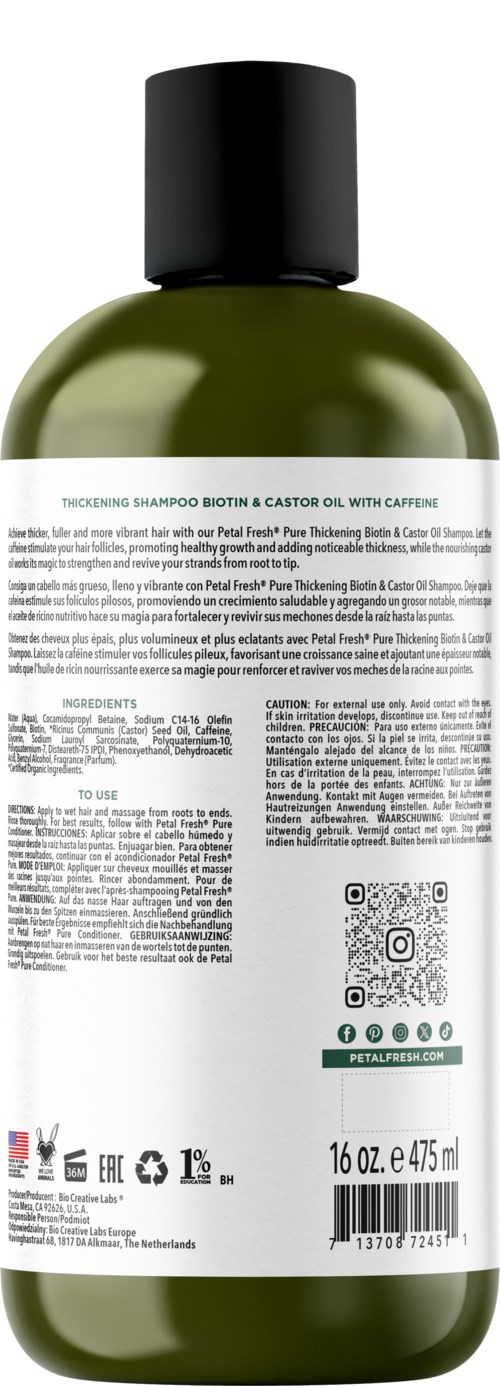 Green bottle with a black cap, containing thickening shampoo with ingredients and instructions on the label.
